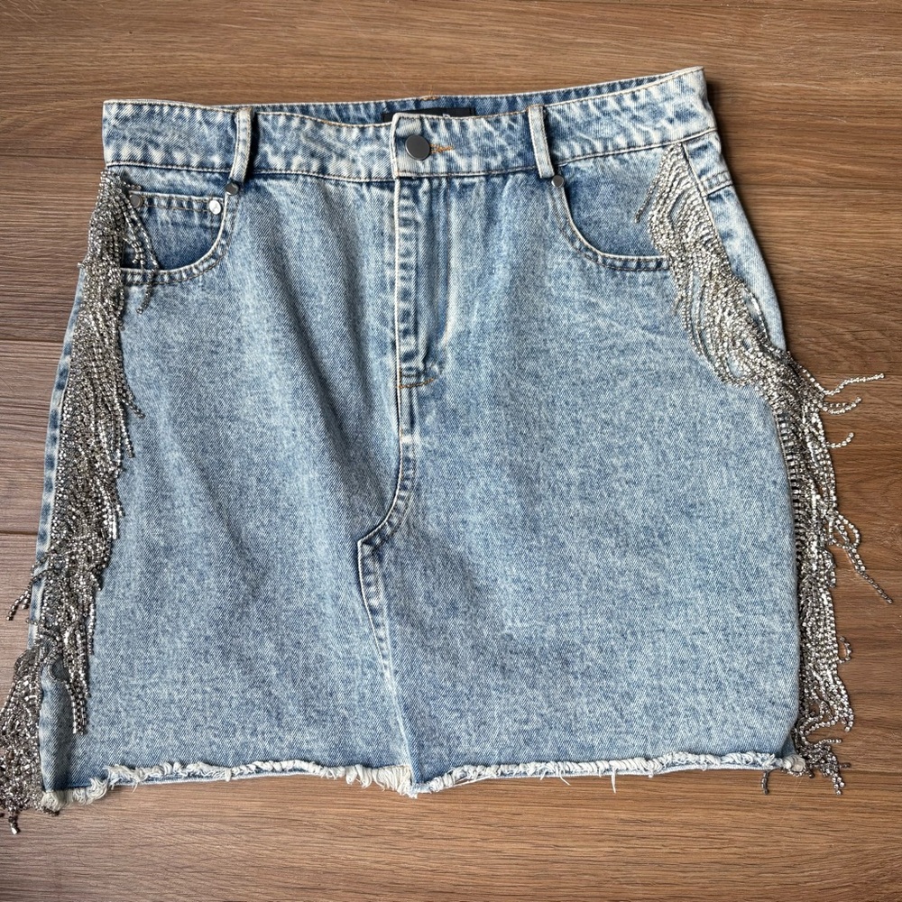 Blue B Collection Denim Skirt Fringe Beaded Glitter Rhinestones‎ L Festival EUC